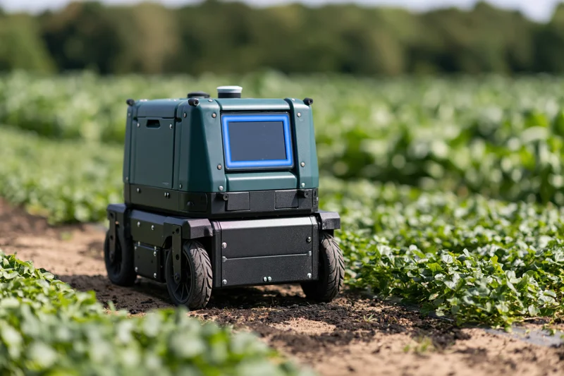 Compact agricultural robot on rubber wheels moving through a green crop field