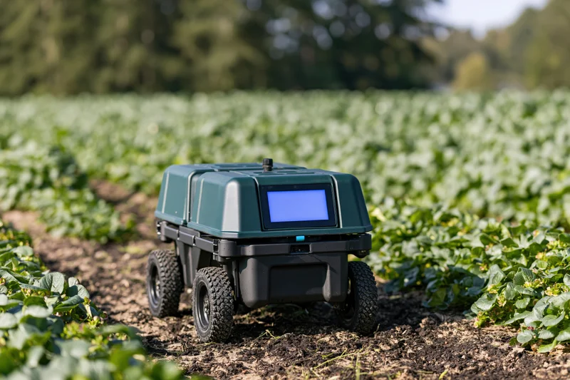 Compact dark-green agricultural robot on rubber wheels moving through crop rows in a field
