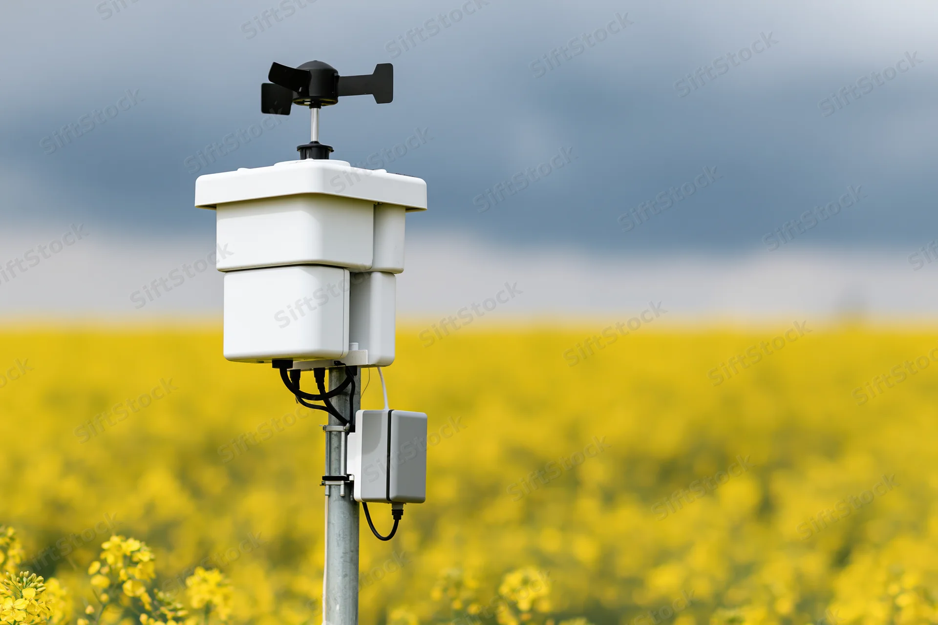 Compact weather station mounted on metal pole in yellow canola field under cloudy sky