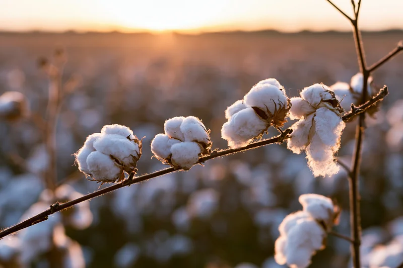 Cotton bolls in full bloom on a branch in a field at sunset