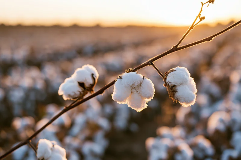 Cotton bolls in full bloom on a branch in a field at sunset