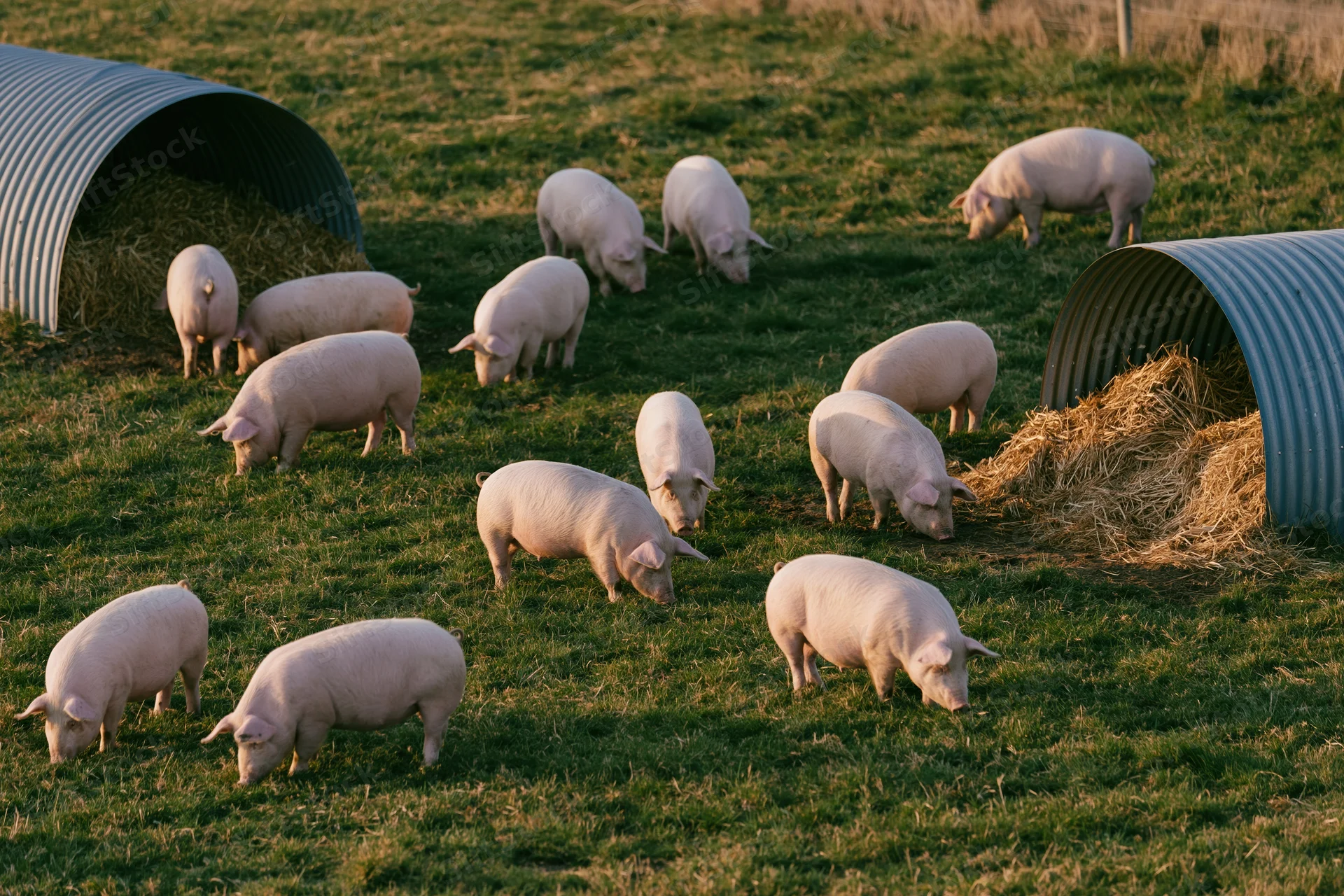 Pink pigs grazing and rooting in a green pasture with hay shelters