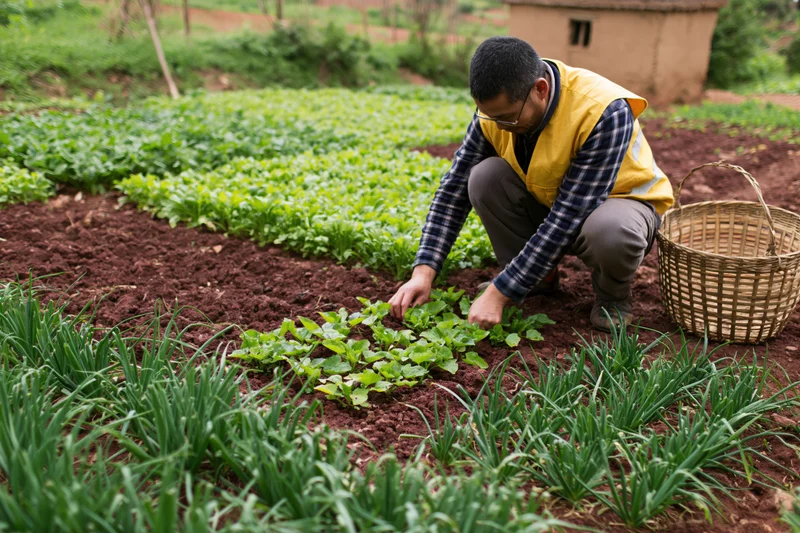 Farmer crouching and tending seedlings in a small-scale vegetable garden