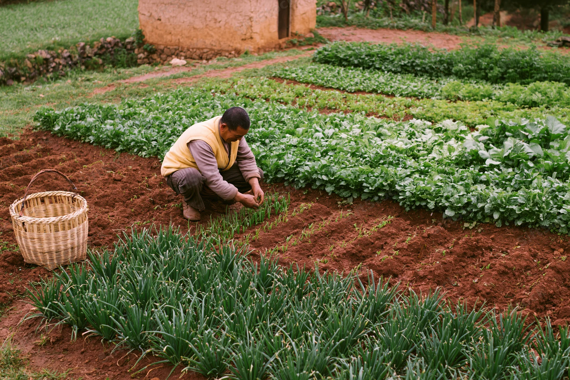 Farmer crouching and tending seedlings in a small-scale vegetable garden