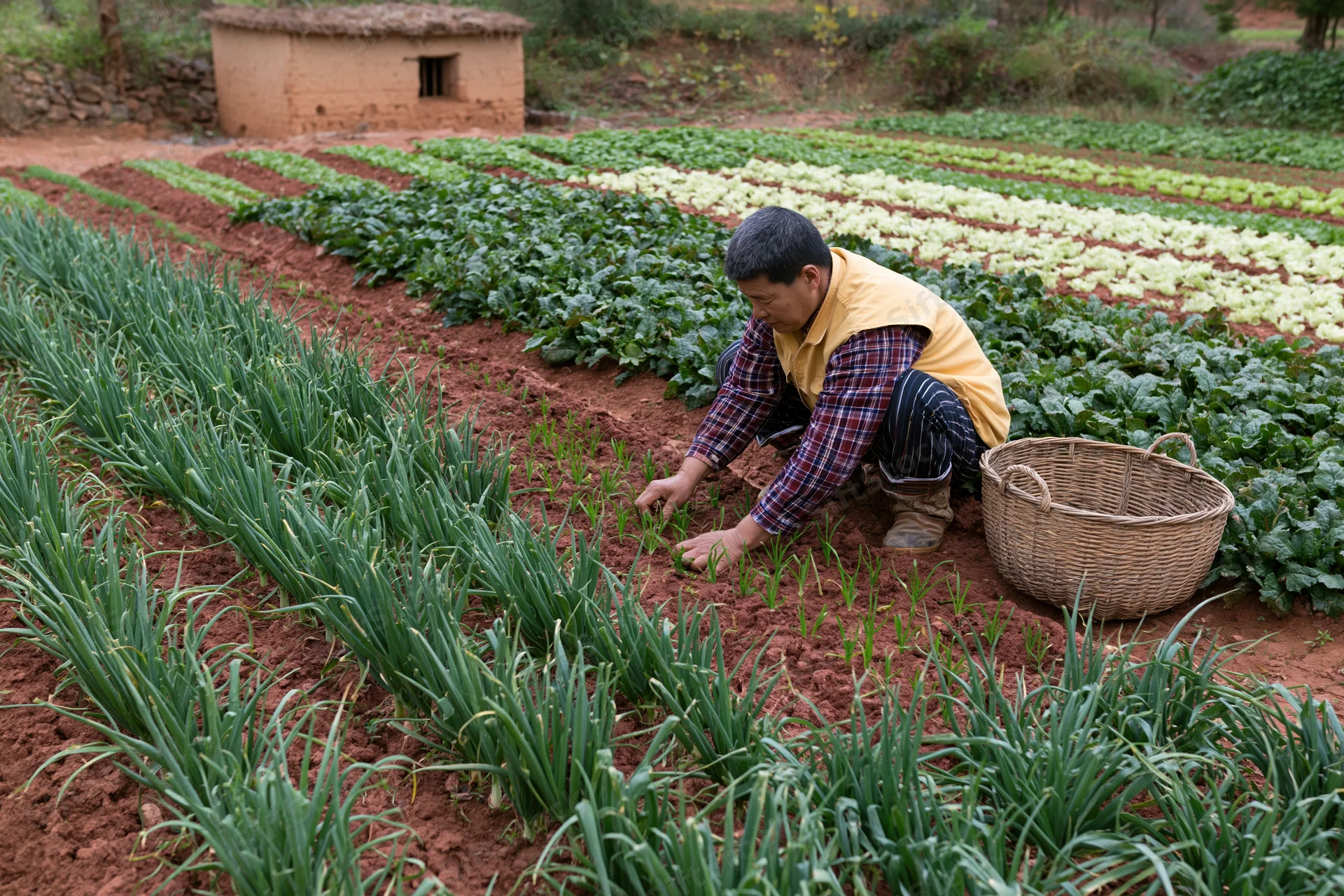 Farmer tending seedlings in a small-scale vegetable garden with rows of crops and a wicker basket nearby