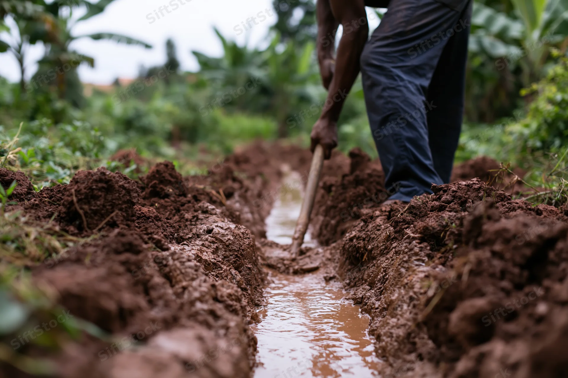 Farmer digging irrigation channel with hoe in muddy red soil field