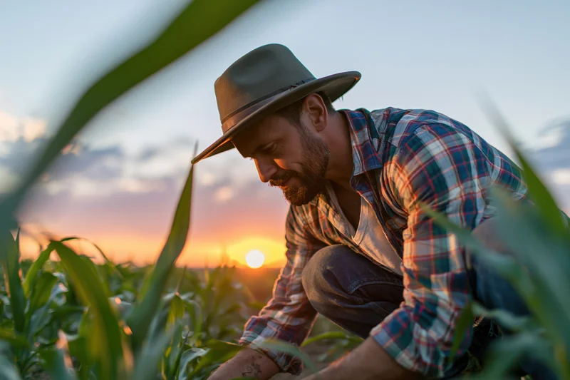 Farmer crouching in cornfield at sunset inspecting crops