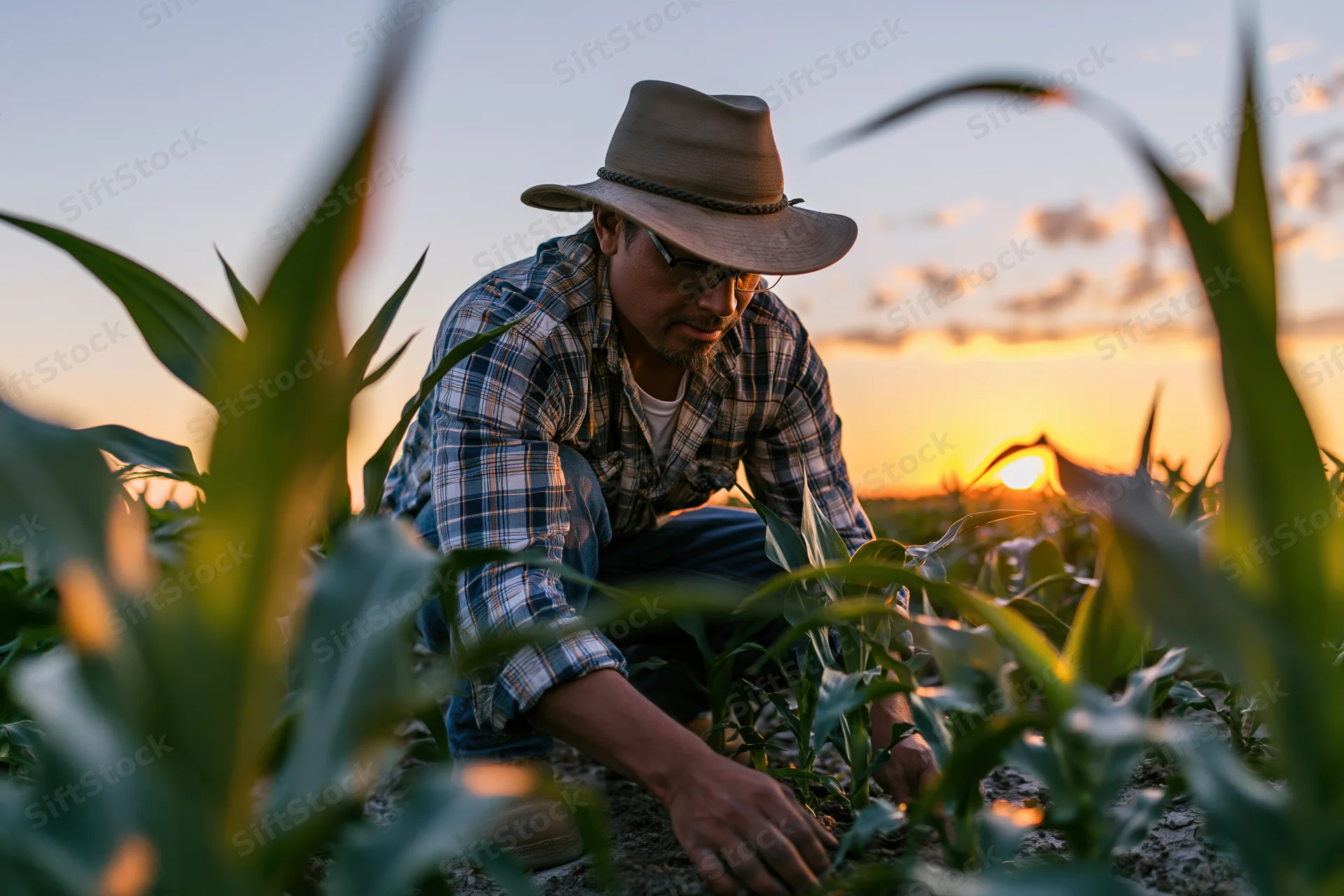 Farmer crouching in cornfield inspecting crops at sunset