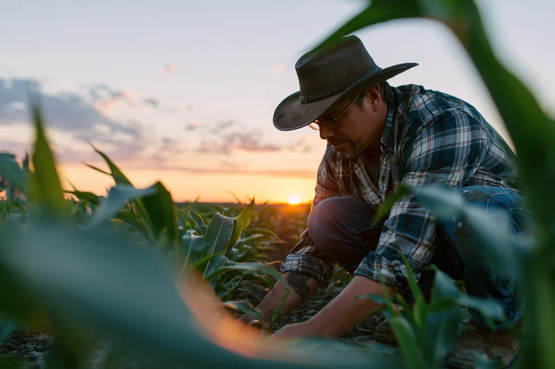 Farmer crouching in cornfield at sunset inspecting soil and plants