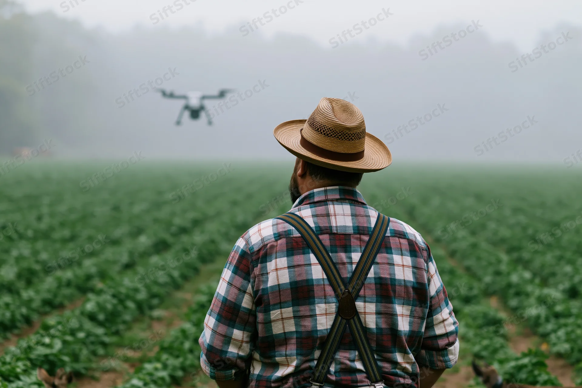 Farmer from behind watching drone hover over crop field