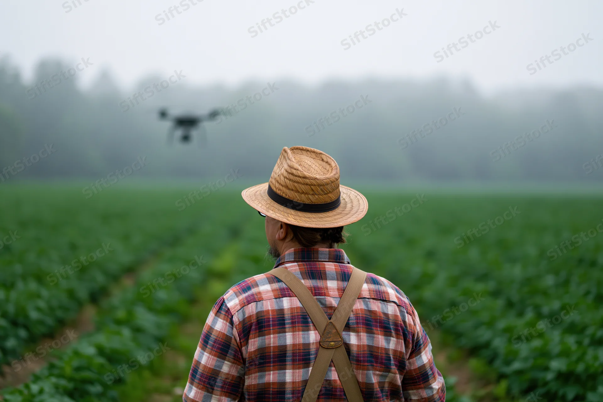 Farmer in plaid shirt and straw hat watching drone hover over green crop field