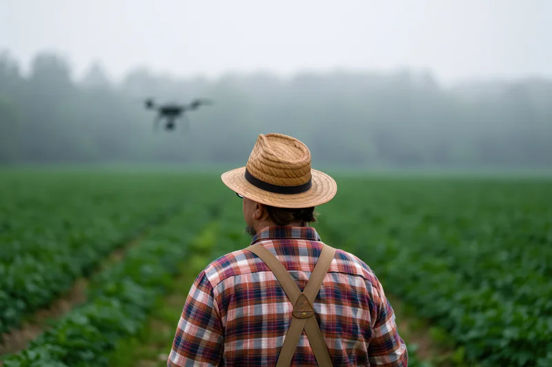 Farmer in plaid shirt and straw hat watching drone hover over green crop field