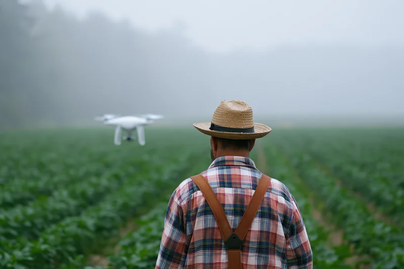 Farmer from behind watching drone hover over crop field