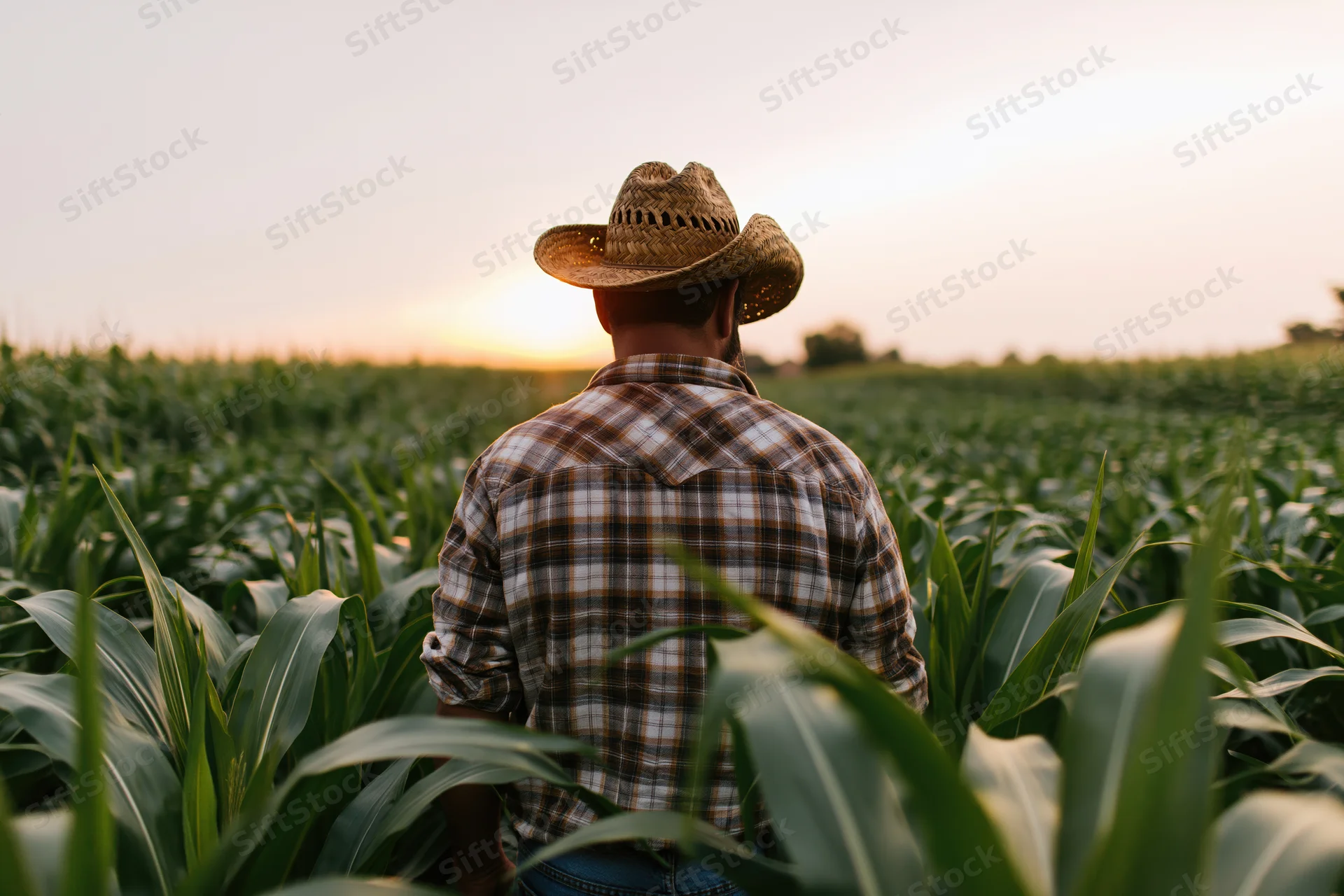 Farmer examining corn crops in a field at sunset