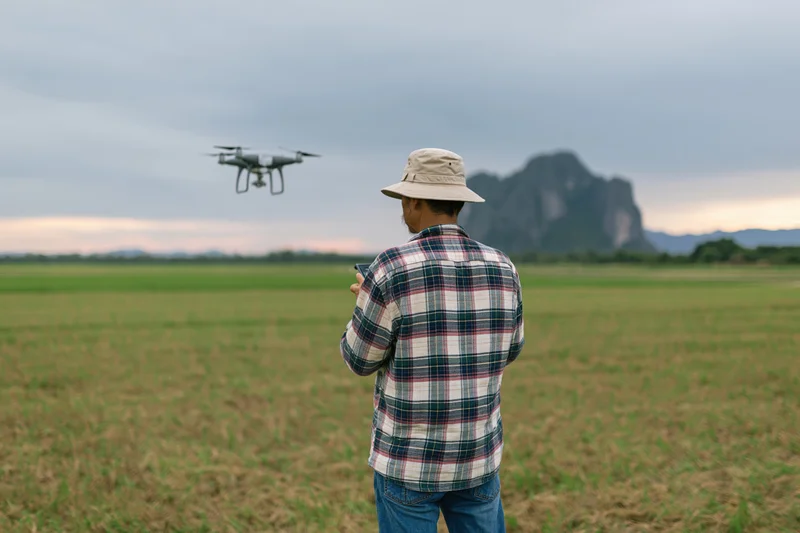 Farmer operating drone over crop field with mountain in background