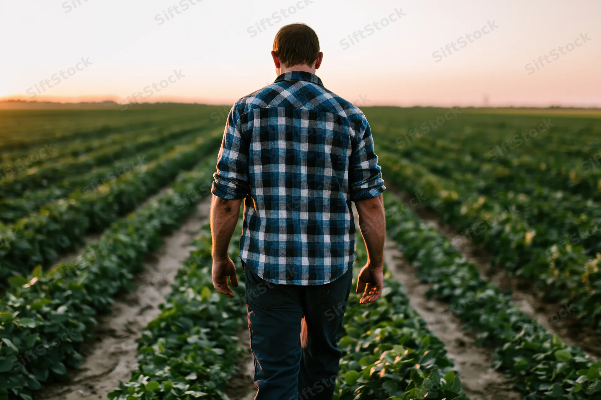 Farmer walking through parallel rows of crops in a field at sunset