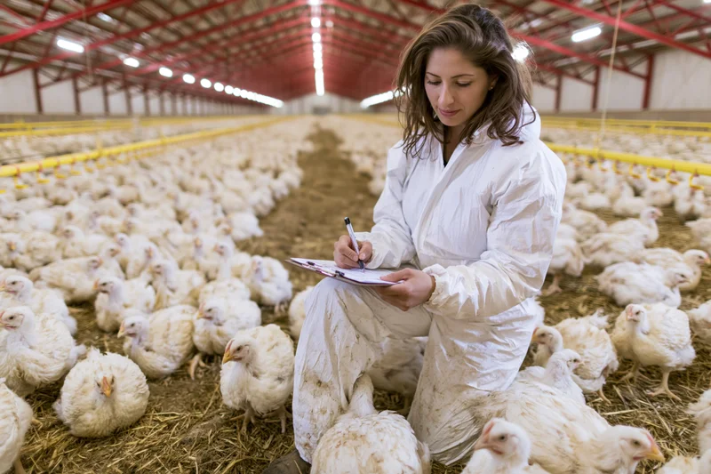 Female veterinarian in white protective suit writing notes on clipboard among chickens in barn