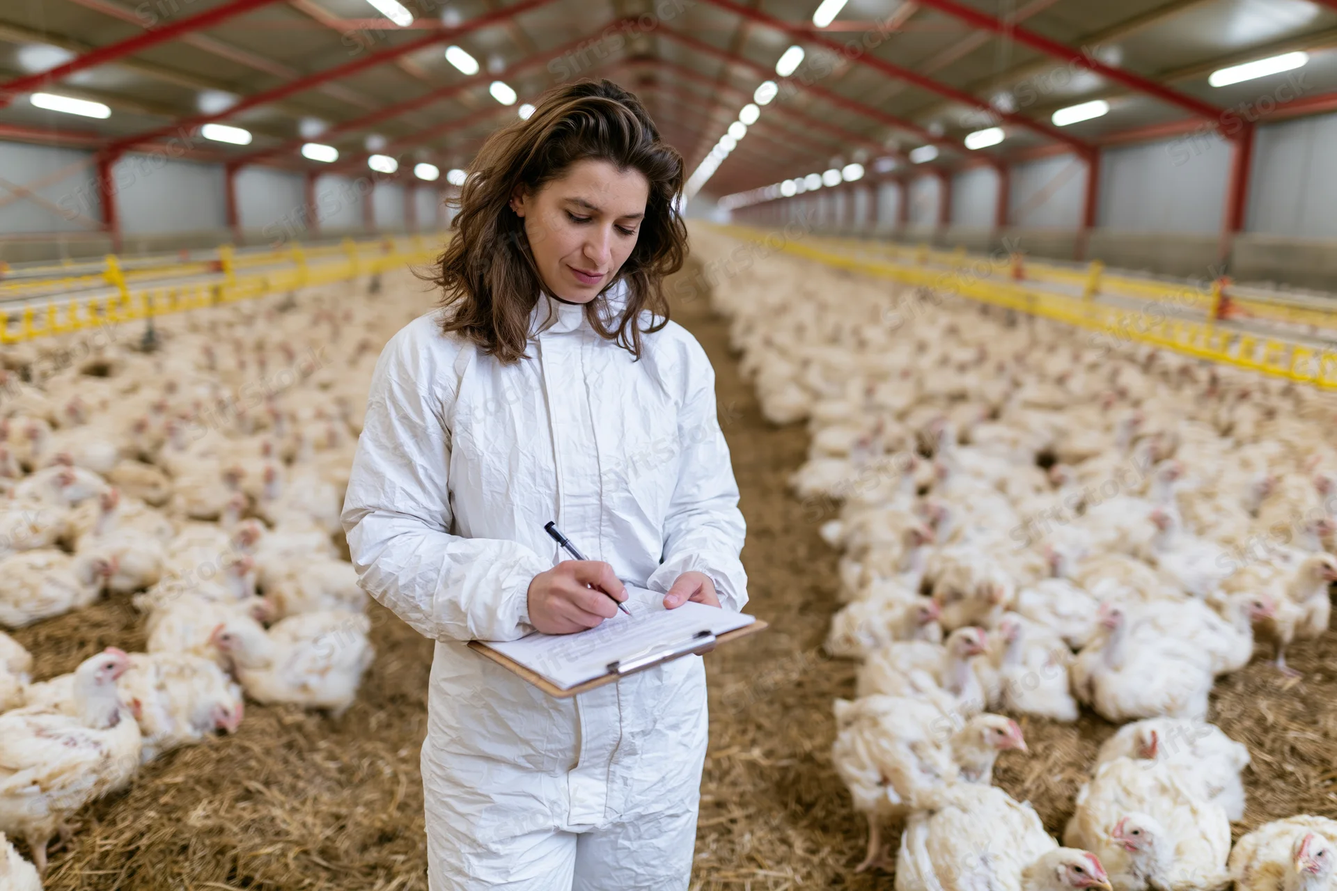 Female veterinarian in white protective suit writing notes on clipboard while inspecting chickens in large poultry barn