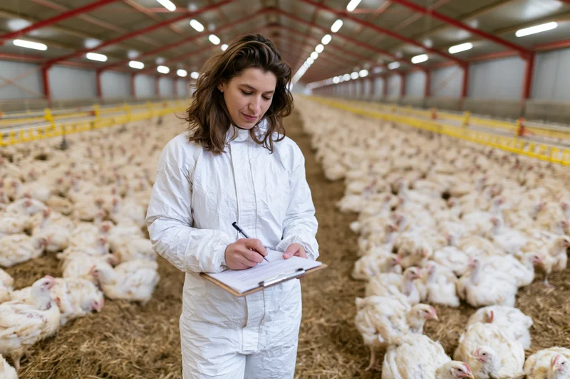 Female veterinarian in white protective suit writing notes on clipboard while inspecting chickens in large poultry barn