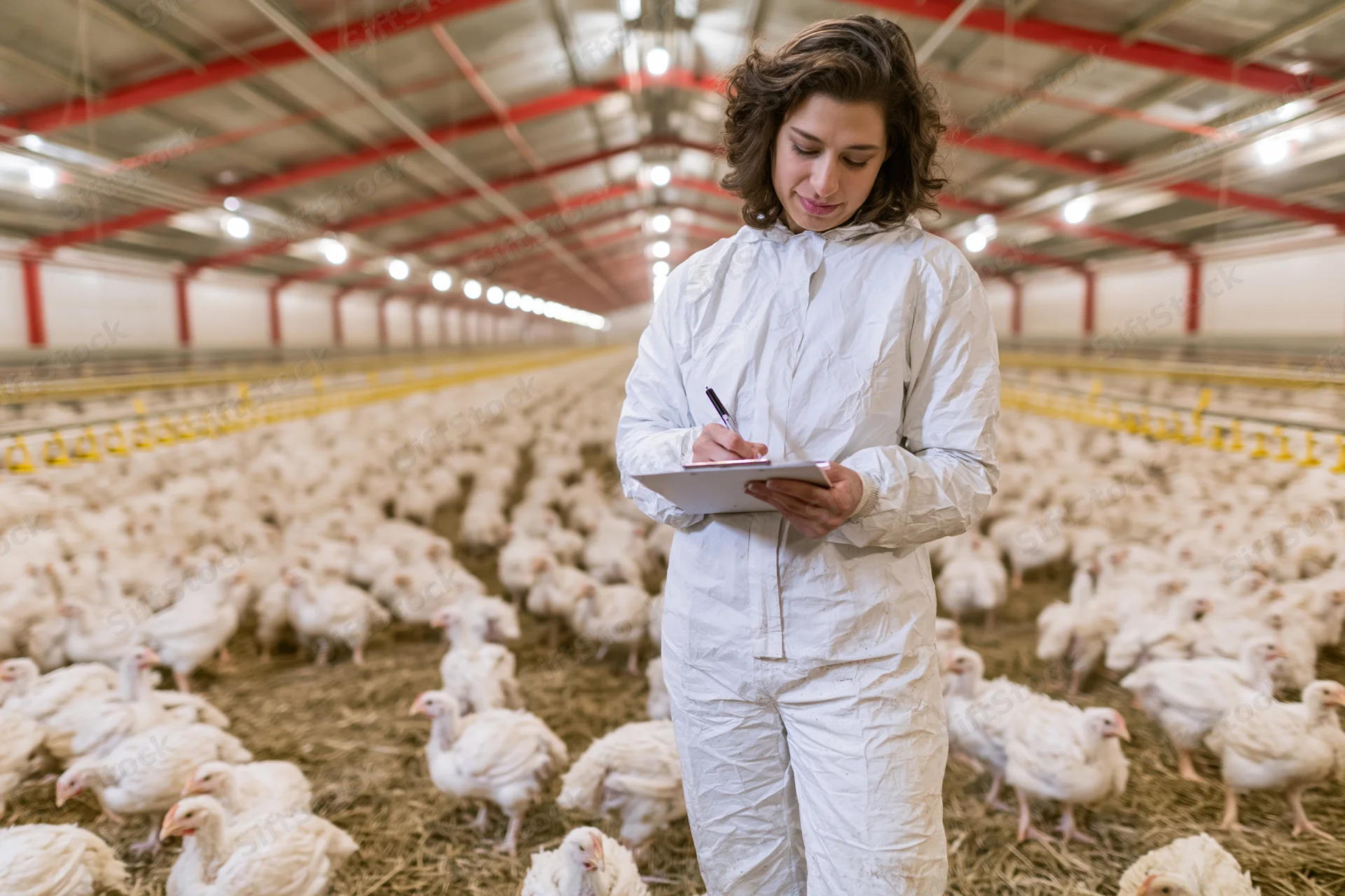 Female veterinarian in white protective suit writing on clipboard while inspecting chickens in large poultry barn