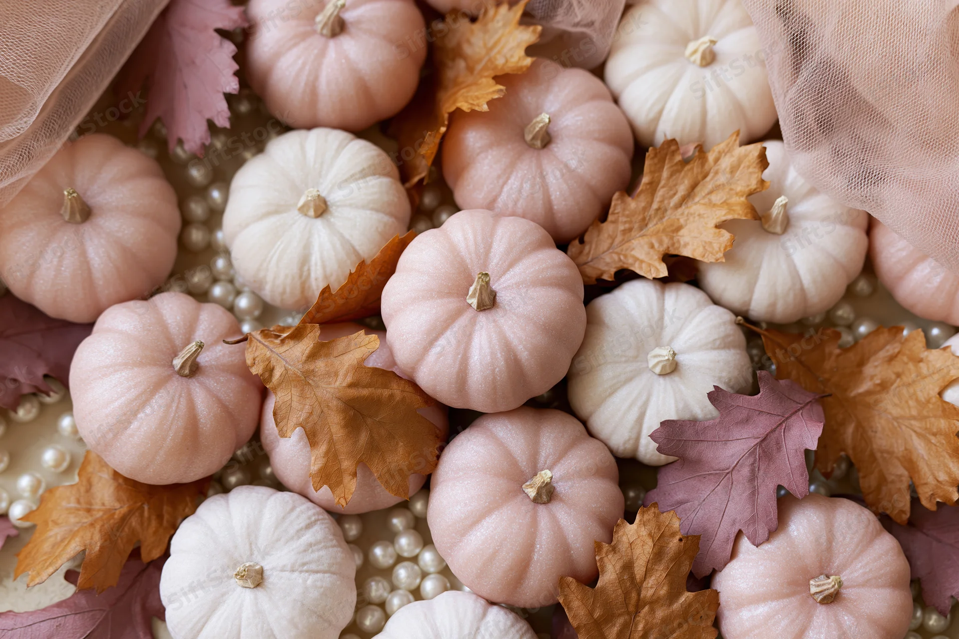 Small decorative pumpkins and autumn leaves arranged in a flat lay on a pearl and tulle background
