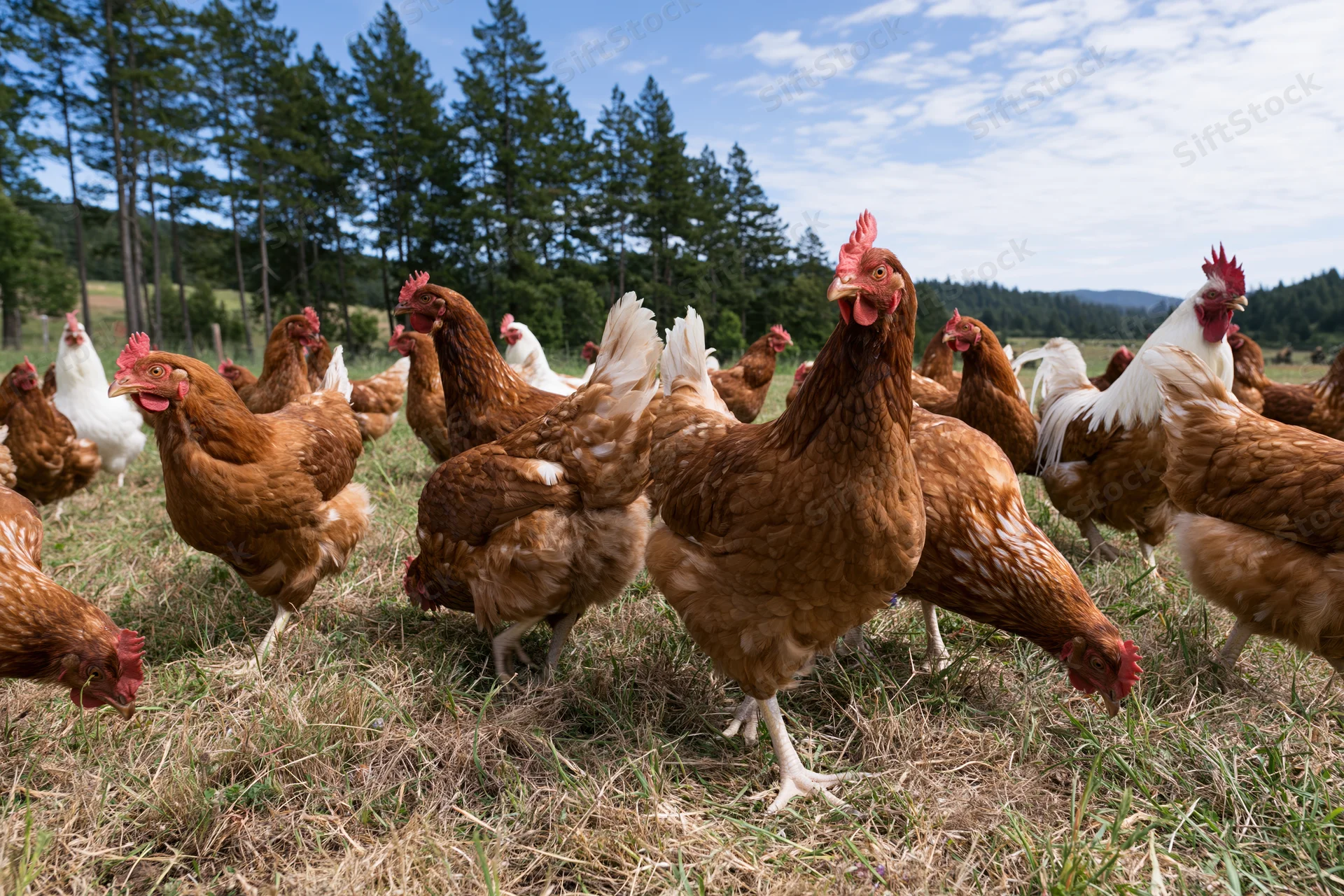Free-range chickens foraging on a grassy pasture with trees in the background