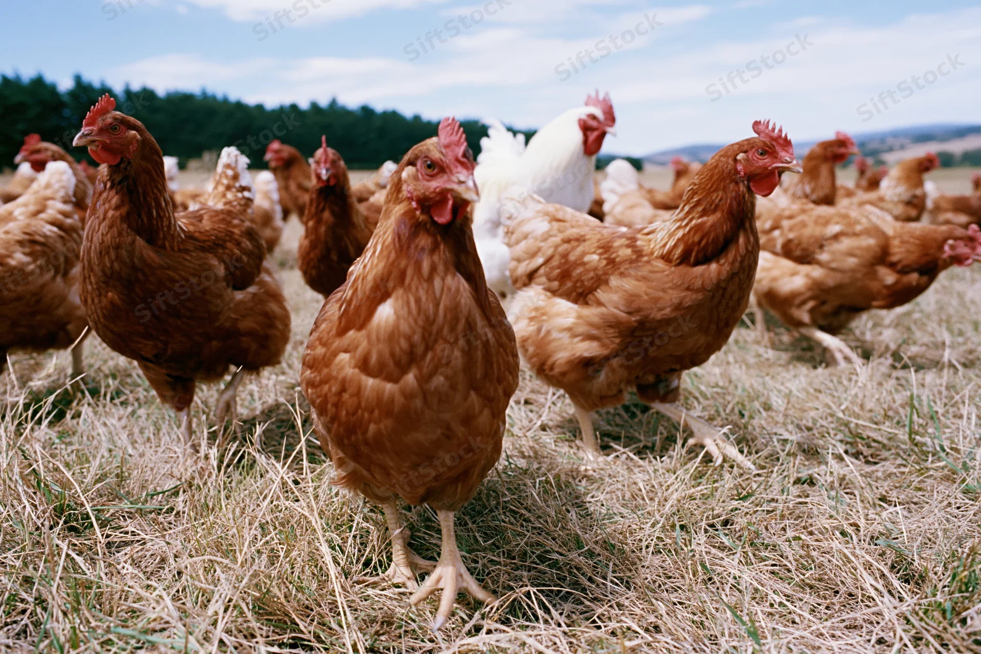 Free-range chickens foraging in a grassy pasture under a partly cloudy sky