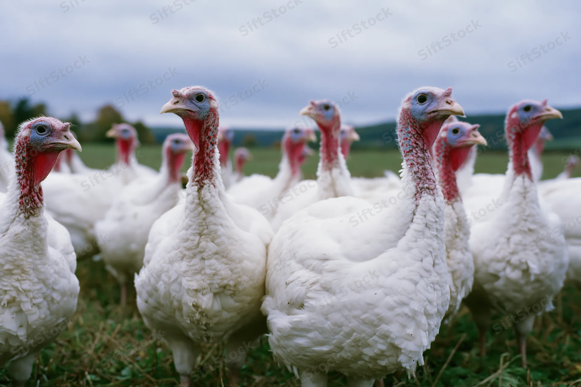 White domestic turkeys standing together in an open grassy field under an overcast sky