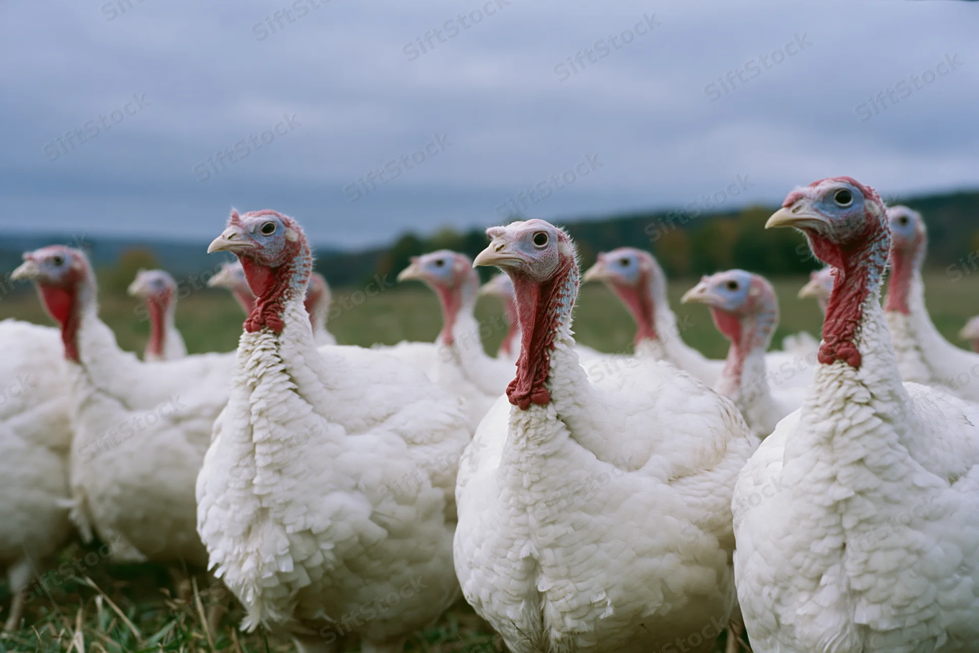 White domestic turkeys standing together in an open grassy field under an overcast sky