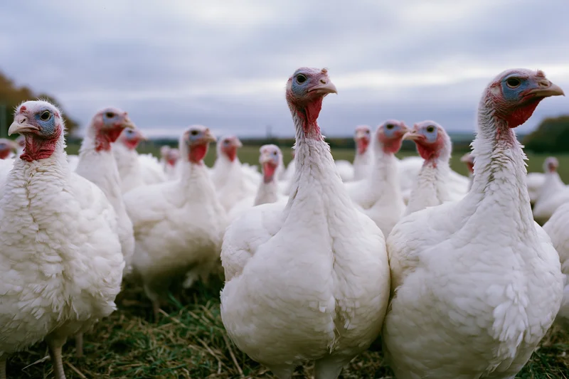 Flock of white domestic turkeys standing together in an open field