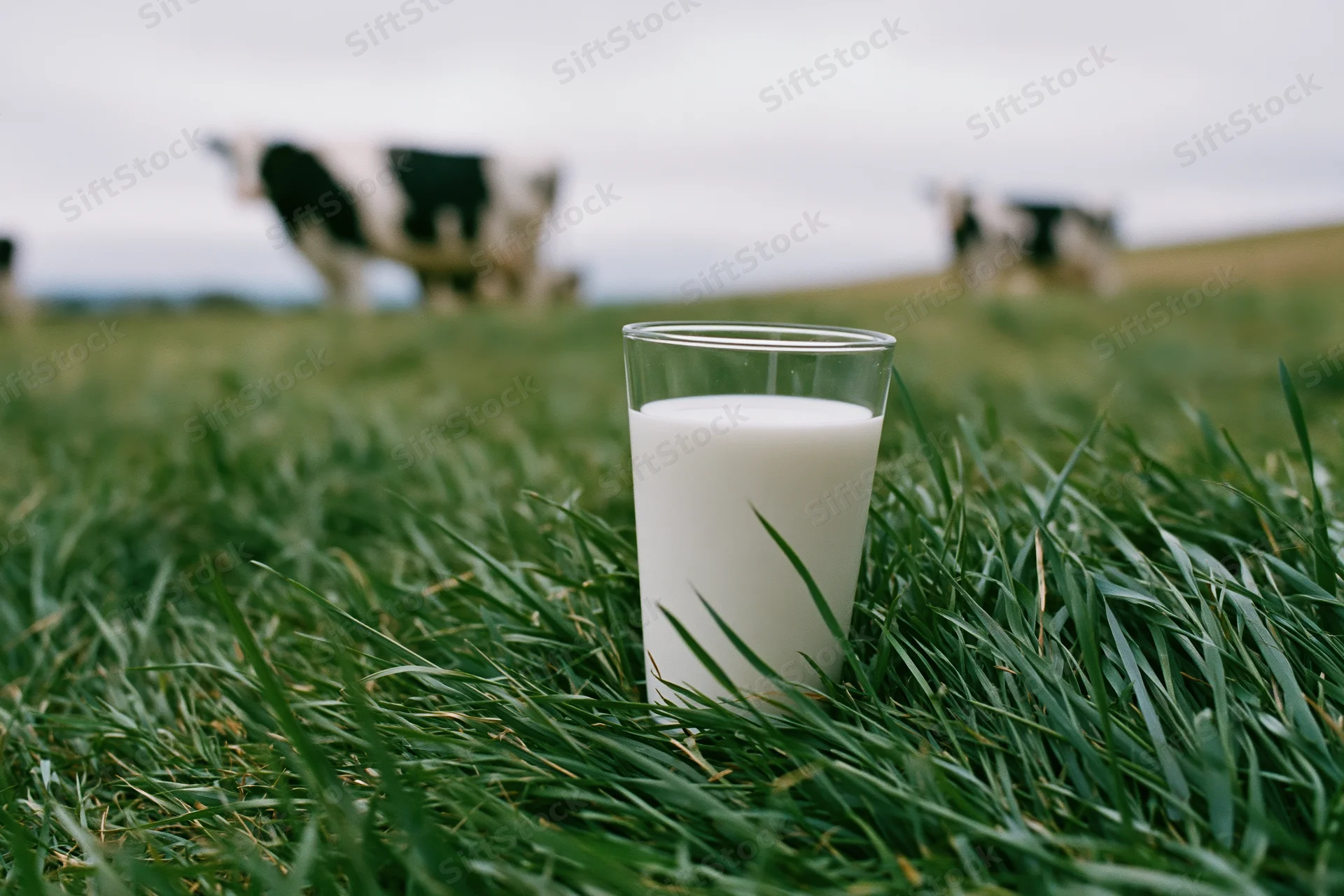 Glass of milk standing upright in thick green grass with cows grazing in the background