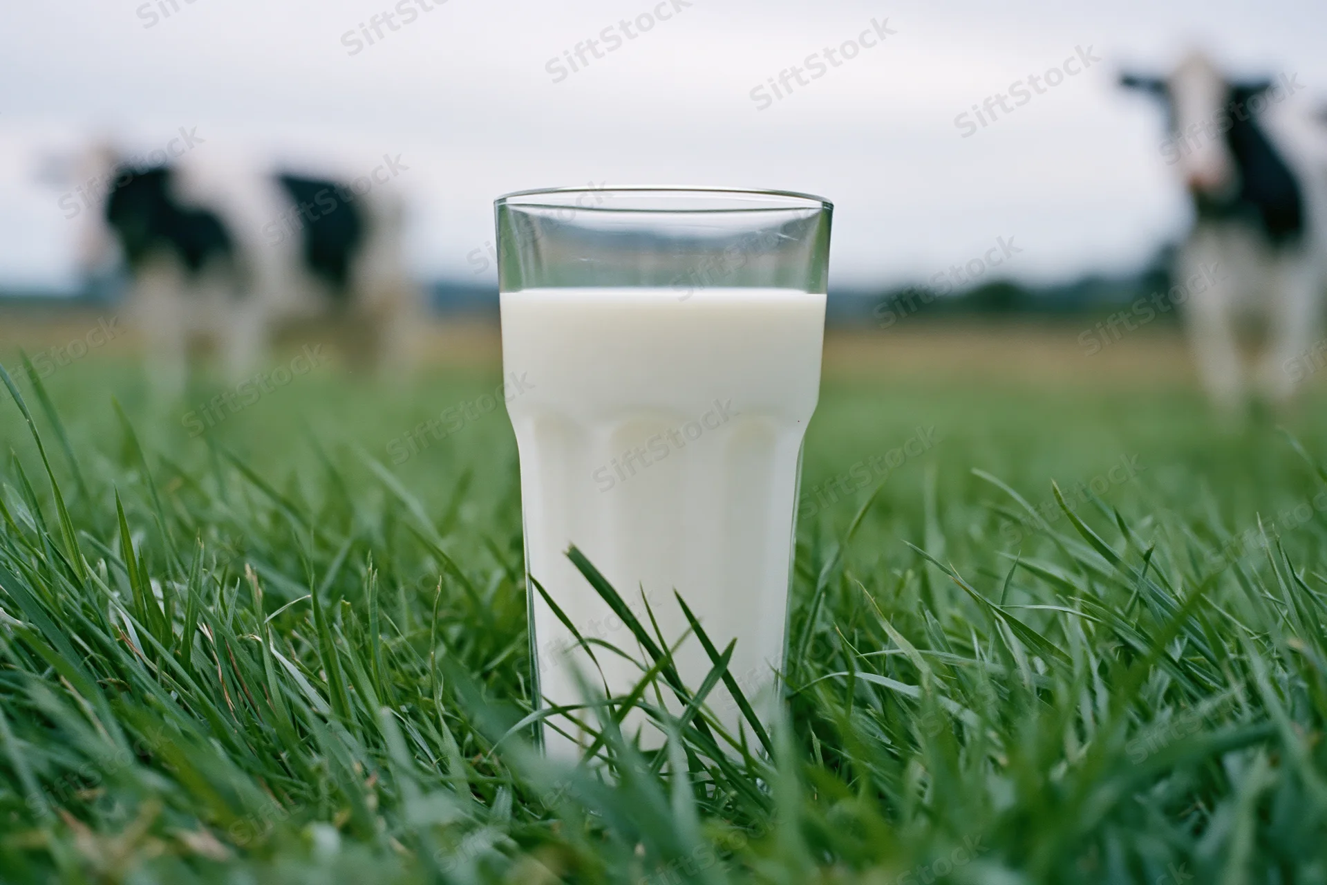 Full glass of milk standing upright in green grass with cows in background on pasture