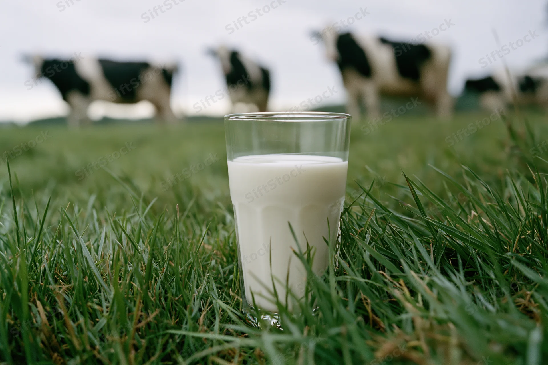 Glass of milk standing in green grass with cows grazing in background