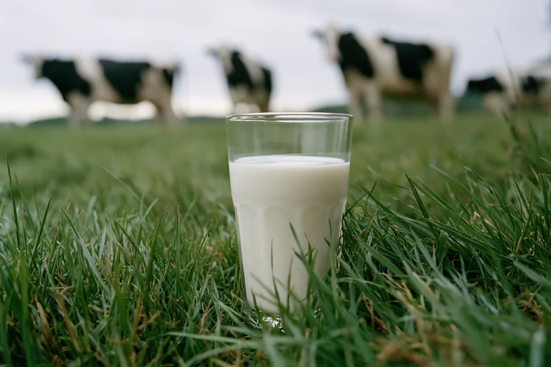 Glass of milk standing in green grass with cows grazing in background