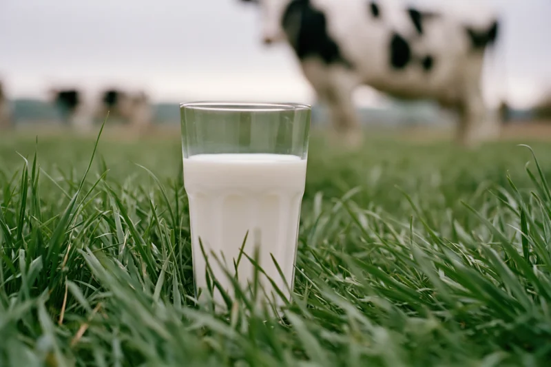 Full glass of fresh milk sitting upright in thick green grass