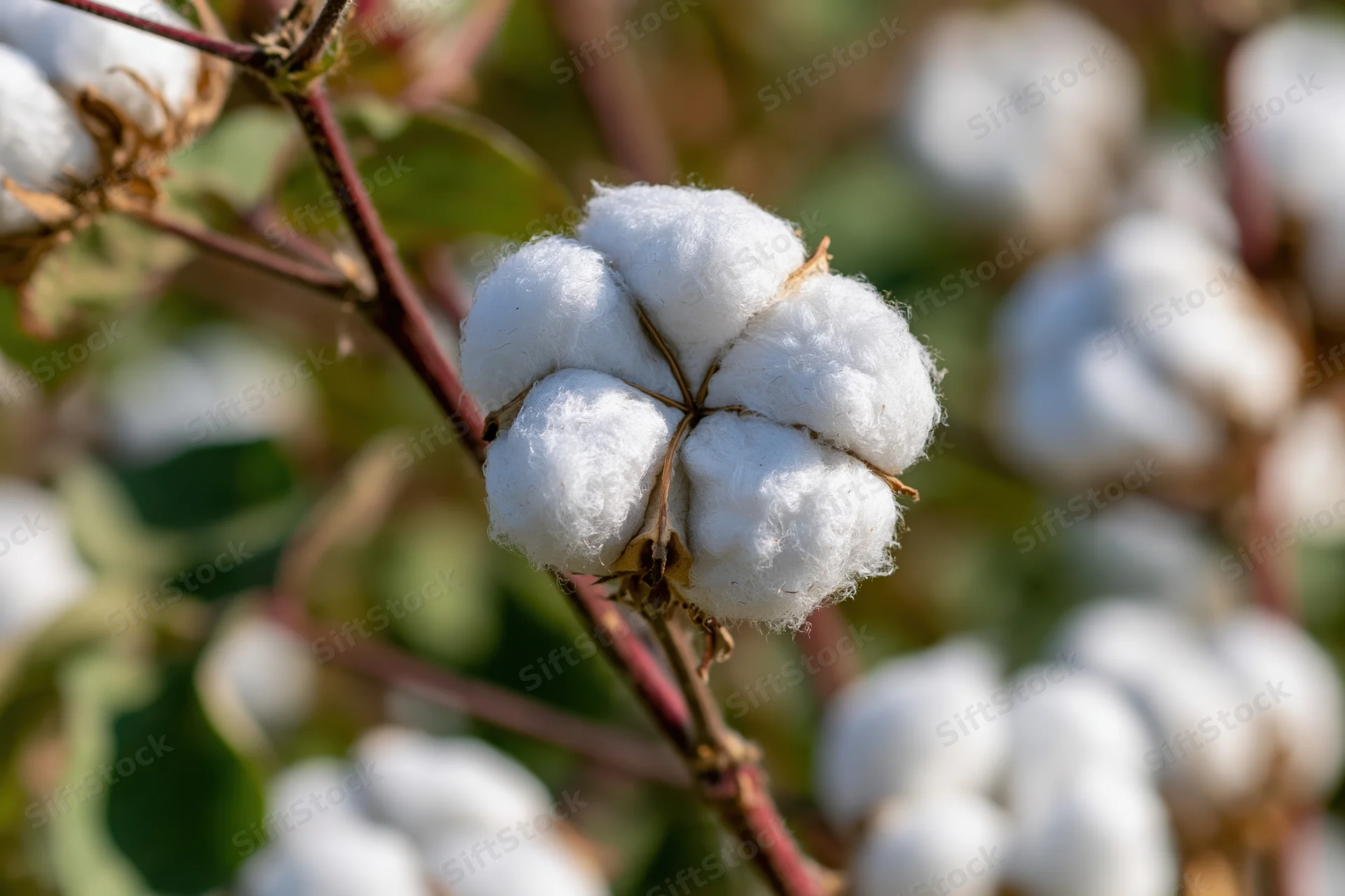 Fully open cotton boll bursting with fluffy white fibers on a plant stem in a field
