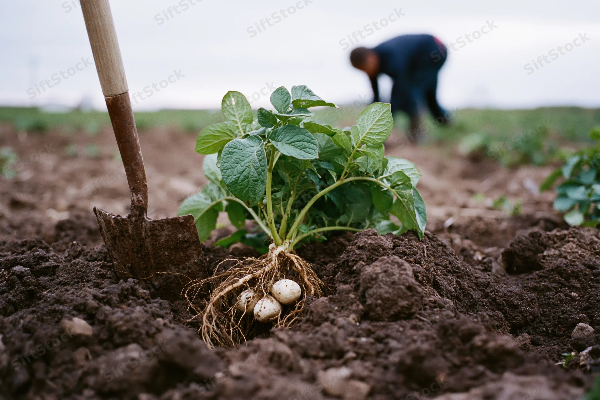 Uprooted potato plant with visible tubers beside a garden spade in tilled soil with a farmer working in the background