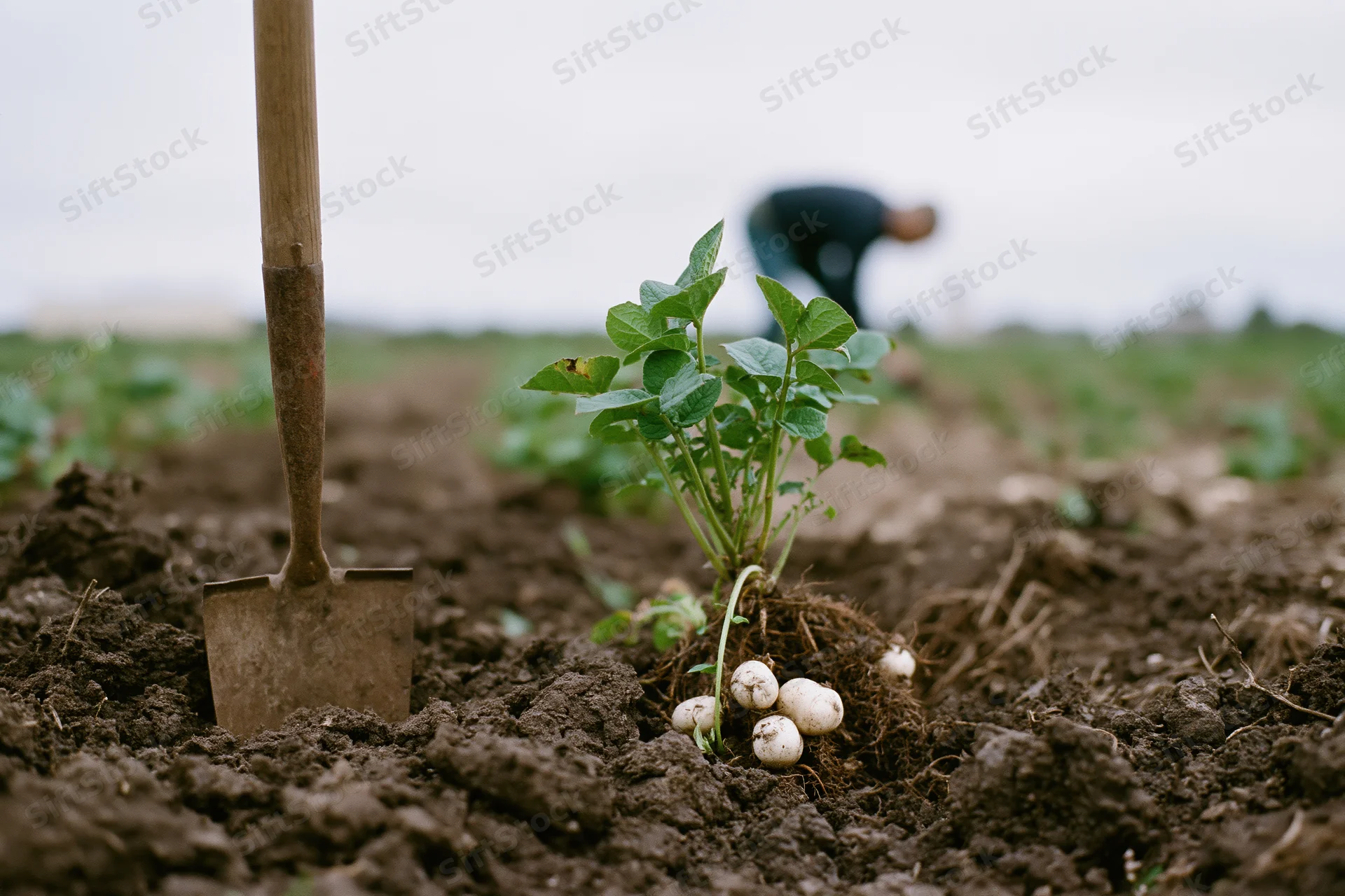 Uprooted potato plant with sprouts and tubers beside a garden spade in tilled soil field