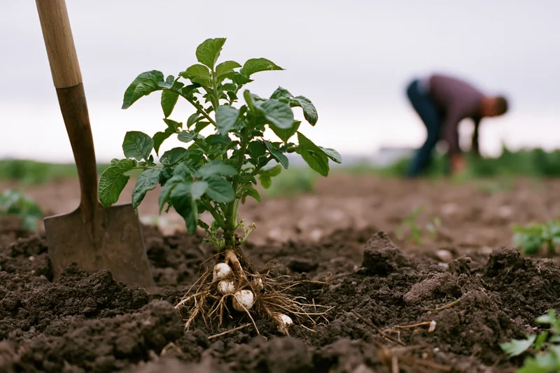Uprooted potato plant with exposed roots beside a garden spade in tilled soil