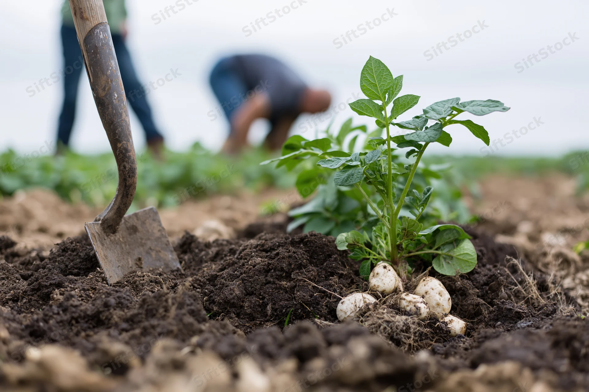 Uprooted potato plant with green leaves beside a garden spade in dark soil, with blurred farmworkers in background