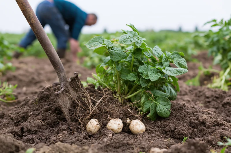 Garden spade stuck in soil beside uprooted potatoes with green plant in field