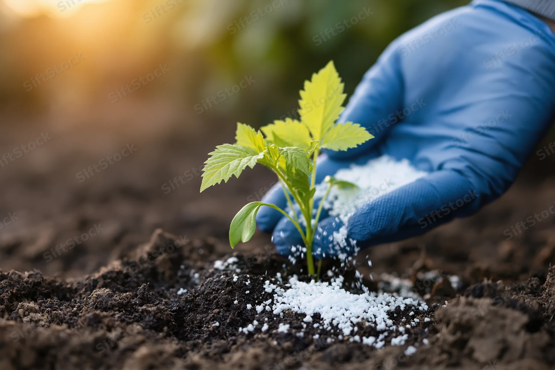 Gloved hand applying white granular fertilizer to a young green plant in dark soil