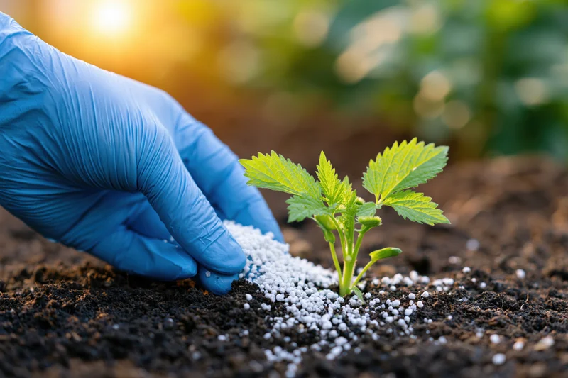 Gloved hand applying white granular fertilizer to a young green plant in soil