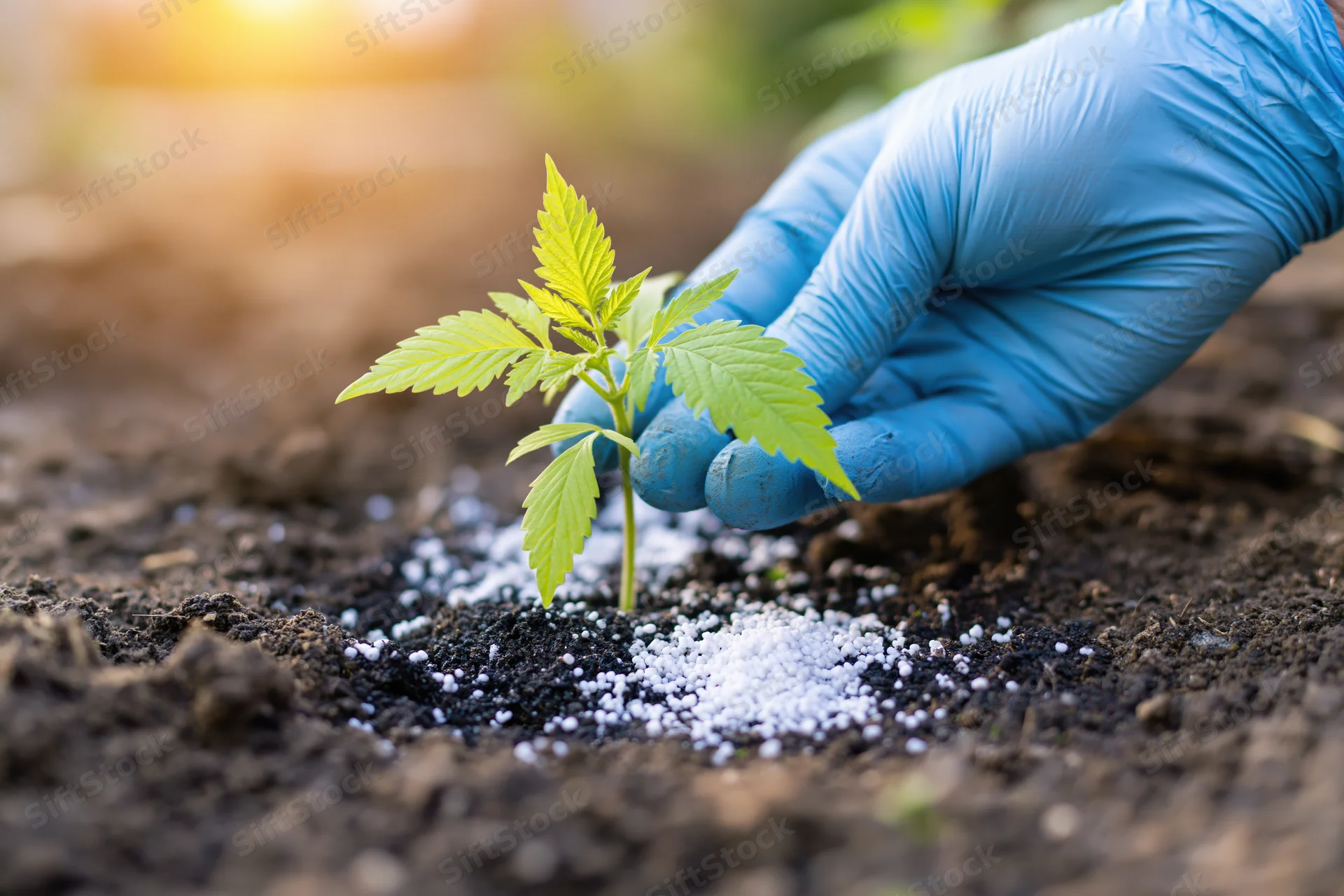 Gloved hand applying white granular fertilizer to a young cannabis plant in soil
