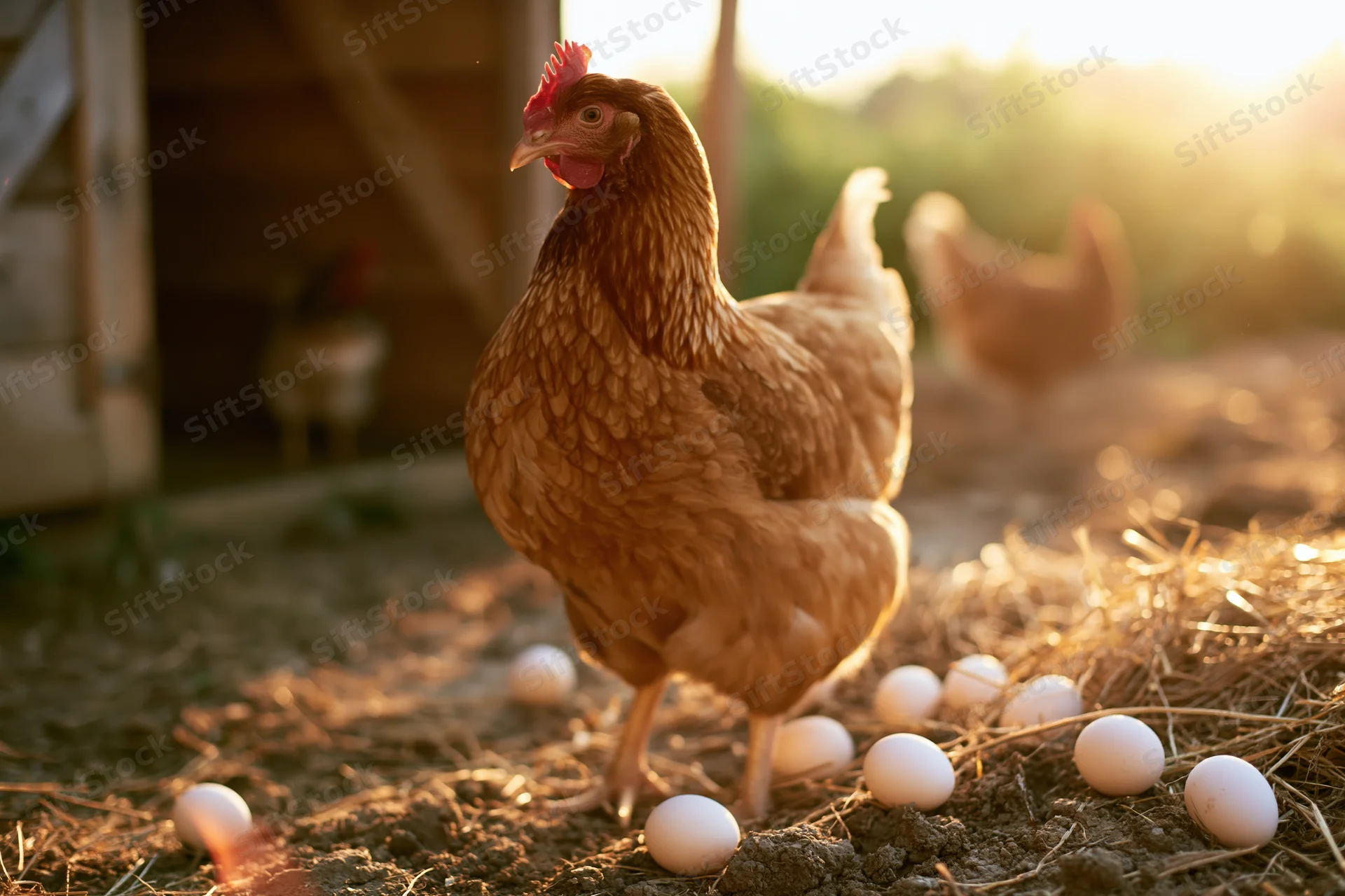 Golden-brown hen standing alert among scattered white eggs on dirt ground near a barn at sunrise