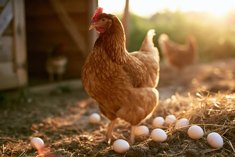 Golden-brown hen standing alert among scattered white eggs on dirt ground near a barn at sunrise