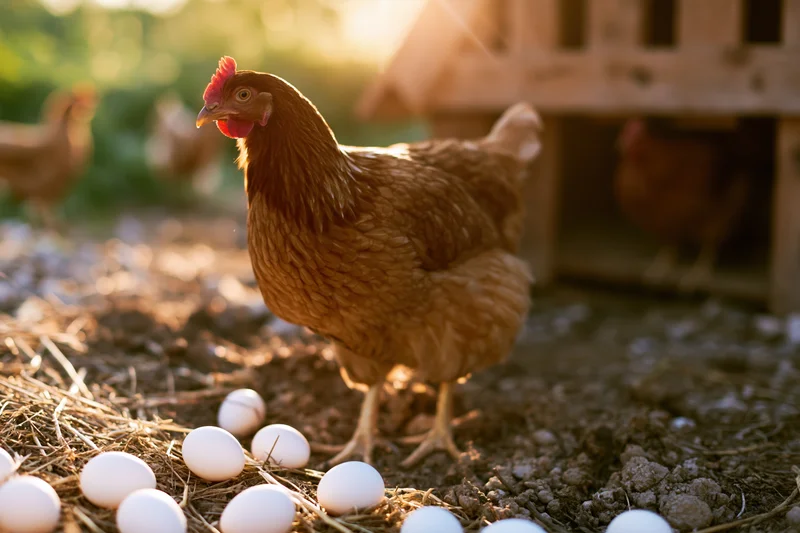 Golden-brown hen standing alert among scattered white eggs on straw-covered ground near a wooden coop in golden hour light