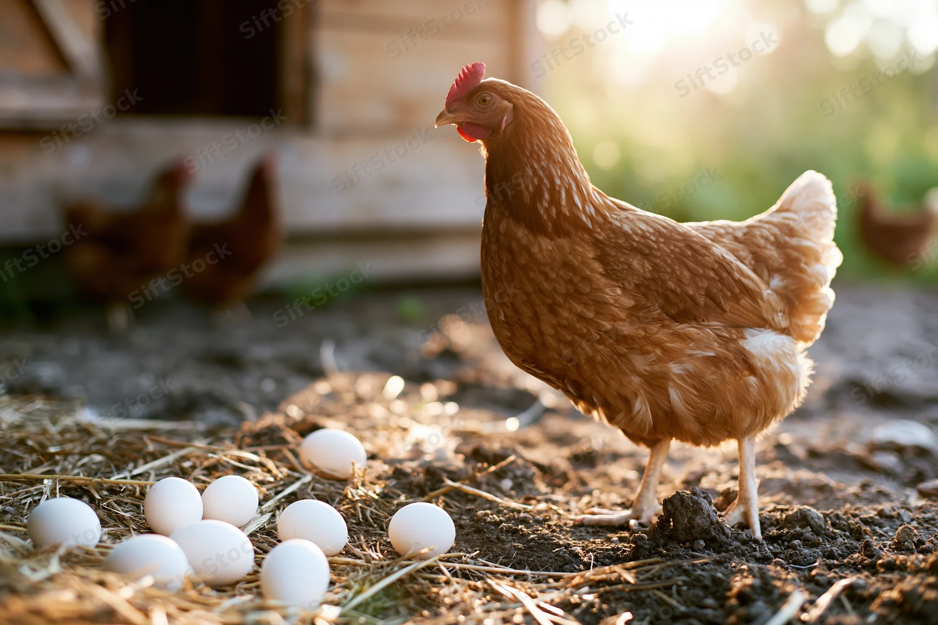 Golden-brown hen standing alert beside scattered white eggs on straw and dirt near a barn