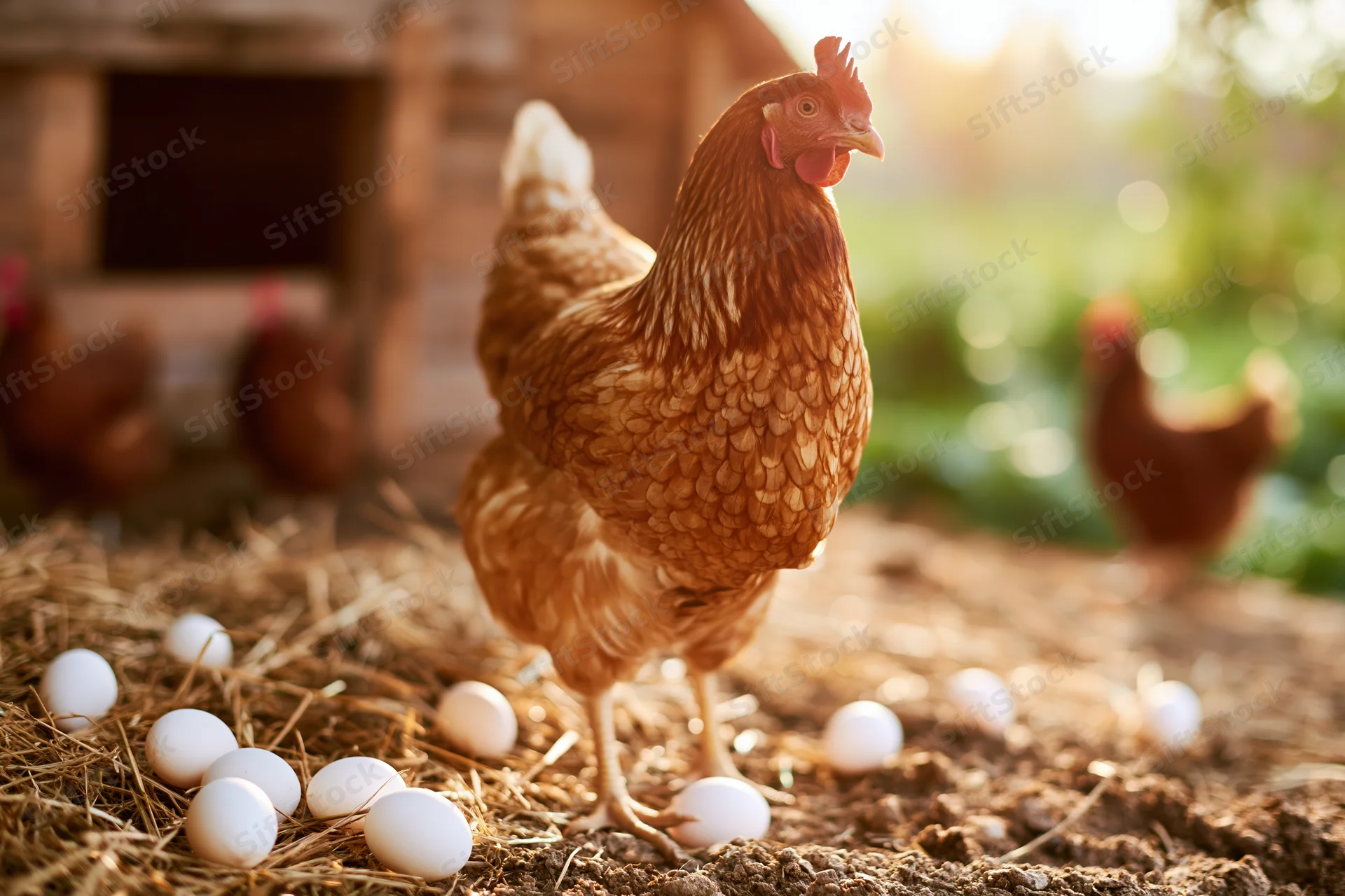 Golden-brown hen standing alert among scattered white eggs on straw and soil near a barn