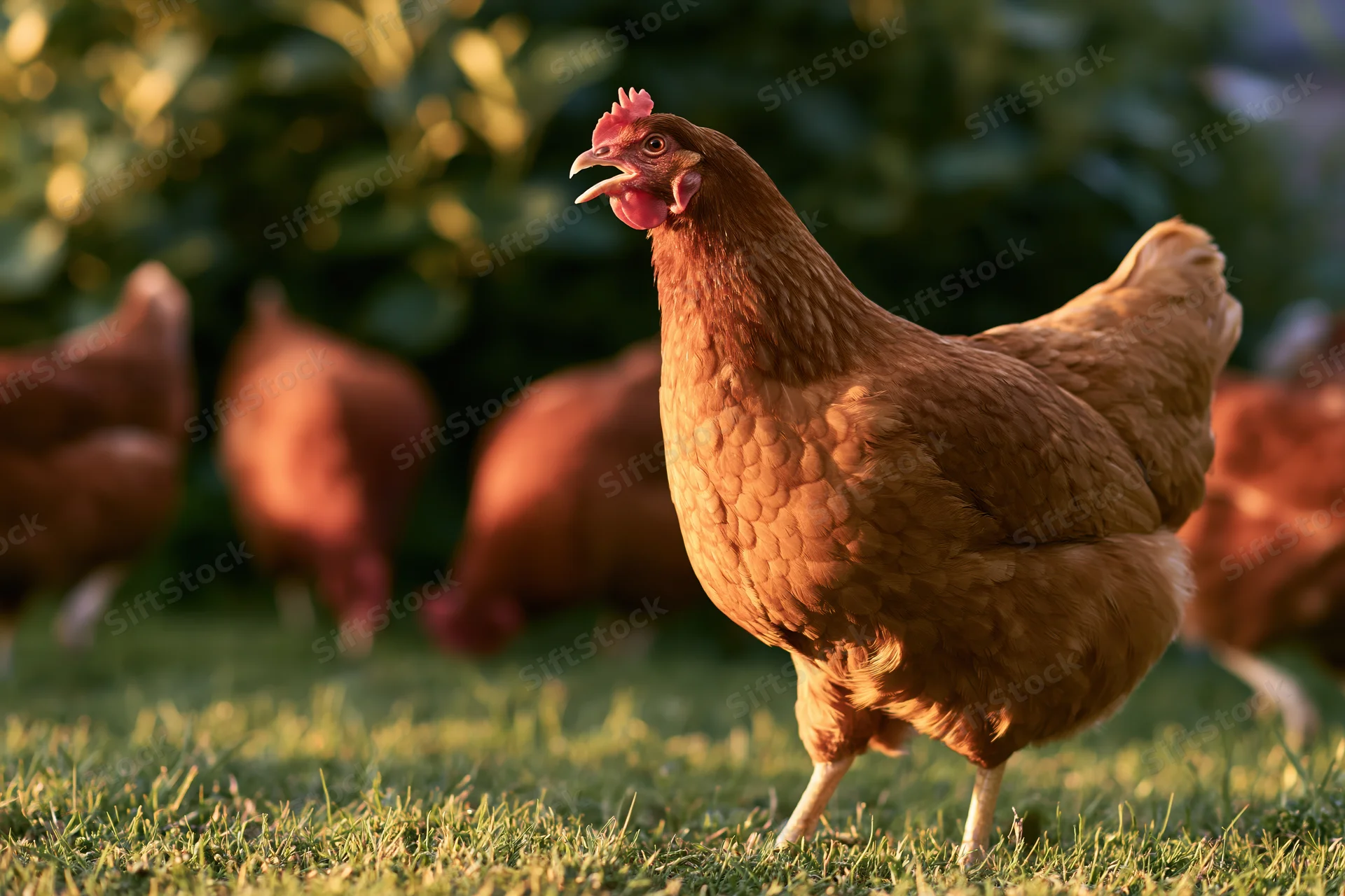 Golden-brown hen standing alert on short grass with flock in background